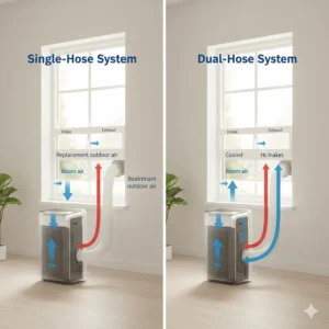 Diagram comparing dual-hose and single-hose portable air conditioner airflow for bedroom efficiency.