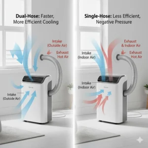 Comparison illustration showing the airflow difference between a single-hose and a more efficient dual-hose portable AC.