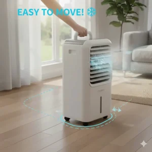 Illustration of a lightweight portable air conditioner without hose featuring 360-degree caster wheels for easy transport.