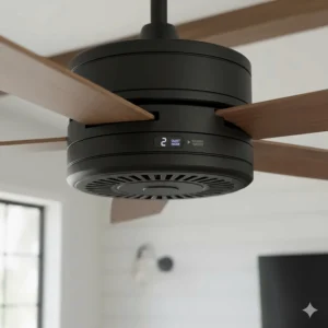 Close-up view of the housing and control panel of an energy-efficient DC motor farmhouse ceiling fan showing quiet operation features.