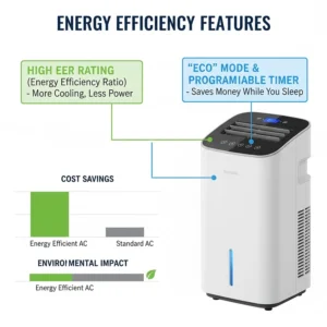 Illustration of energy-saving settings on a portable air conditioner to reduce bedroom electricity costs.