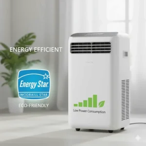 Illustration showing an Energy Star logo next to a portable AC unit to highlight low power consumption.