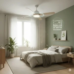 An energy-efficient DC motor ceiling fan perfect for a small, eco-friendly bedroom.
