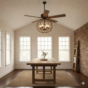 Decorative farmhouse ceiling fan with a distinctive metal cage surrounding Edison-style bulbs acting as a rustic chandelier.