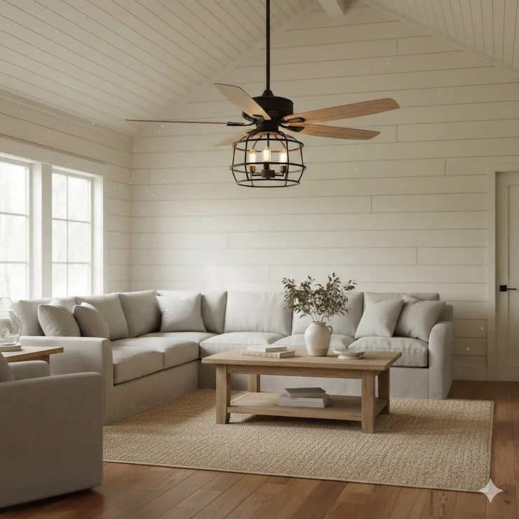A large, rustic white farmhouse ceiling fan with a weathered wood grain finish and an integrated LED light kit, installed in a living room with shiplap walls.