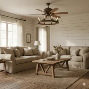 Rustic farmhouse style ceiling fan chandelier featuring weathered wood accents and Edison bulbs.