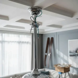 Image showing the sturdy flush mount hardware and downrod options for installing the crystal ceiling fan securely.