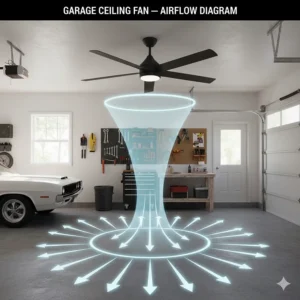 Diagram showing downward airflow patterns of a garage ceiling fan to improve ventilation and cooling.