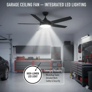 An illustration of a garage ceiling fan featuring integrated high-lumen LED lights for workshop visibility.