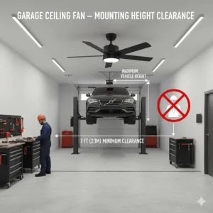 Illustration showing the 7-foot minimum safety clearance for a garage ceiling fan installation.