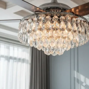 Close-up view of the crystal ceiling fan housing, highlighting the high-quality, faceted glass crystals and brilliant lighting.