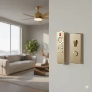 The handheld remote control and wall switch used to adjust the settings and speed of the gold ceiling fan.