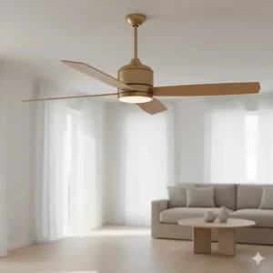 A modern gold ceiling fan accented with natural light wood blades, providing a minimalist and airy aesthetic.