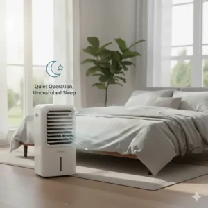 A portable air conditioner without hose positioned at the foot of a bed for quiet nighttime cooling.