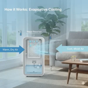 Diagram showing how a portable air conditioner without hose uses water evaporation to lower air temperature.