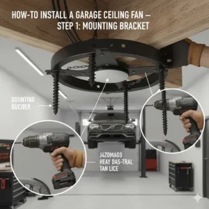 Step-by-step illustration of securing a heavy-duty ceiling fan bracket to a garage ceiling joist.