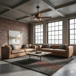 Industrial-inspired caged ceiling fan chandelier with vintage metal finish and remote control functionality.