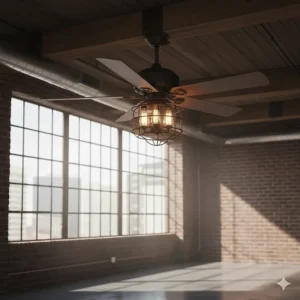 Industrial-style rustic ceiling fan with caged lights, perfect for a loft or exposed beam ceiling aesthetic.