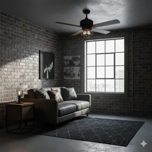A 3-blade industrial style ceiling fan in a small urban-themed guest room.