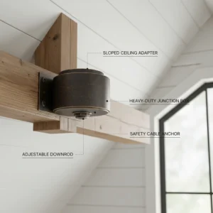 Diagram showing the mounting bracket for a windmill ceiling fan installation on a sloped or vaulted ceiling.