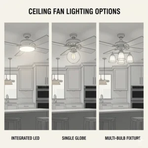Illustration showing different integrated LED light kit styles for kitchen ceiling fans.