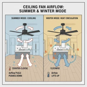 Illustration of counter-clockwise and clockwise ceiling fan rotation for summer cooling and winter heat circulation.