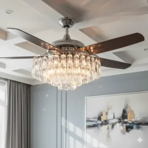 Crystal ceiling fan with the built-in LED light kit brightly illuminated, showcasing the three-color temperature options.