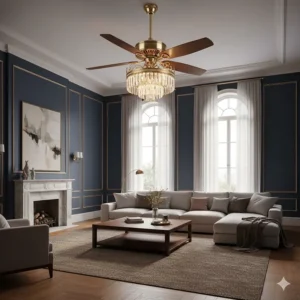 Large ornate ceiling fan chandelier acting as a centerpiece in a high-ceiling luxury living room.
