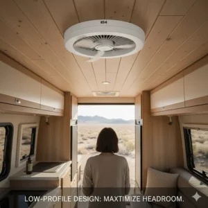 A low-profile camper ceiling fan designed to save headroom in low-clearance van ceilings.