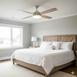 White low-profile hugger farmhouse ceiling fan designed for rooms with lower ceilings, providing excellent air circulation in a master bedroom.