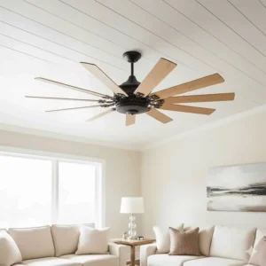 A low-profile windmill ceiling fan model, perfect for rooms with standard or lower ceiling heights.