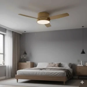A helpful image of a flush-mount, low-profile gold ceiling fan installed safely in a room with a low ceiling height.