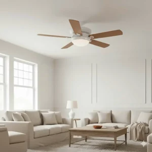 A practical, hugger-style vintage ceiling fan designed for low ceilings, featuring a simple white metal body.