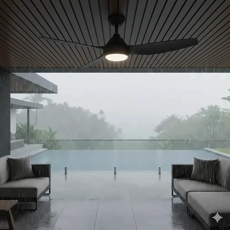 A modern black outdoor ceiling fan wet rated for direct rain exposure installed on a luxury open-air patio.