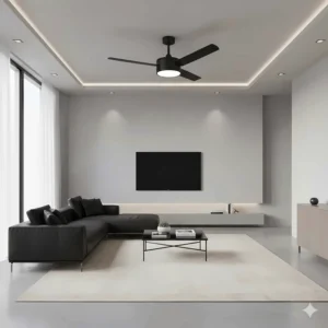 Matte black modern ceiling fan chandelier with integrated LED light kit for a minimalist living room.