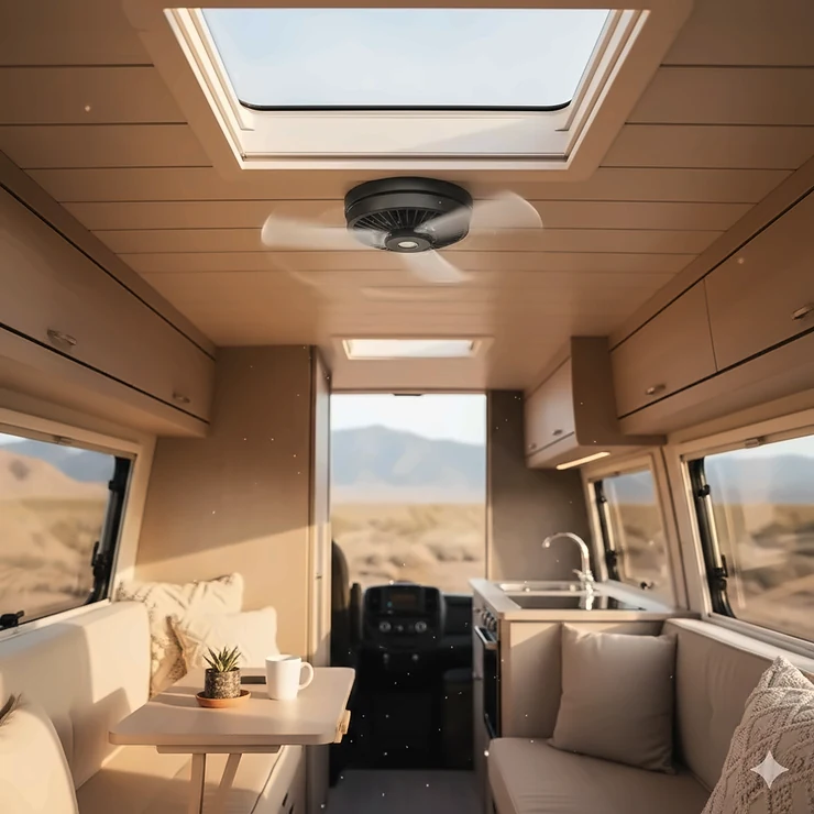 A sleek modern camper ceiling fan installed in a luxury van conversion for improved airflow.