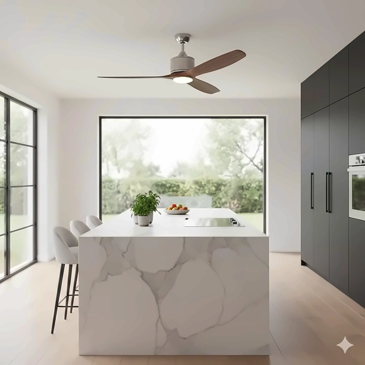 A modern black ceiling fan installed over a marble kitchen island in a bright, open-concept home. ceiling fan in kitchen