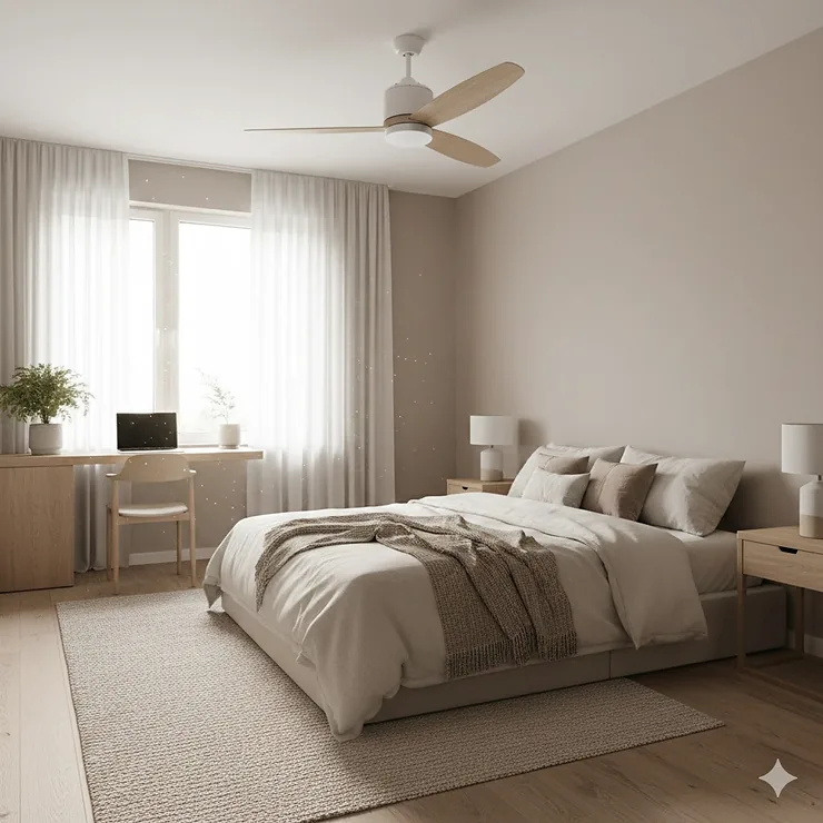 A modern low-profile ceiling fan installed in a small contemporary bedroom with neutral decor. ceiling fan in small room