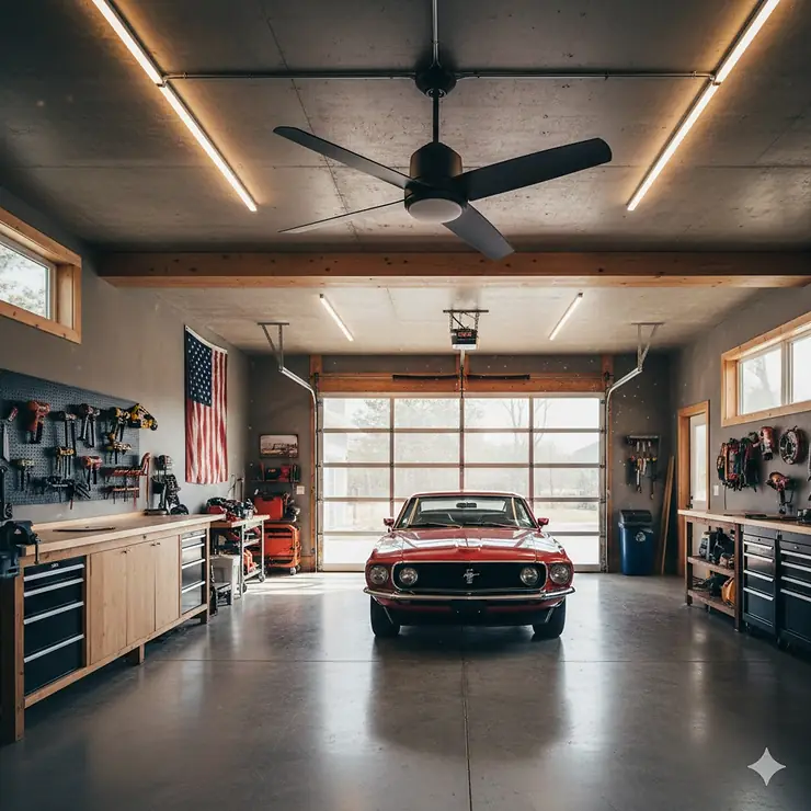 A large industrial-style garage ceiling fan installed in a modern home workshop with bright LED lighting.