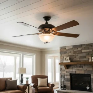 Elegant oil-rubbed bronze rustic ceiling fan with four large oak wood blades and frosted bowl light kit.