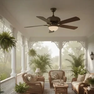 A handsome, damp-rated outdoor vintage ceiling fan installed on a covered porch.