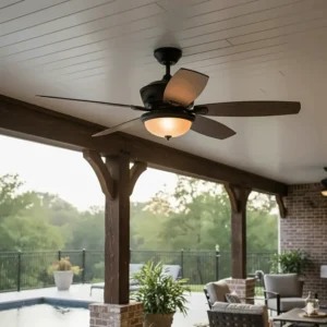 Damp-rated rustic ceiling fan with lights and heavy-duty ABS plastic blades, suitable for covered outdoor porches or patios.