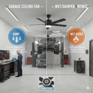 A graphic highlighting the difference between UL damp-rated and wet-rated garage ceiling fans.
