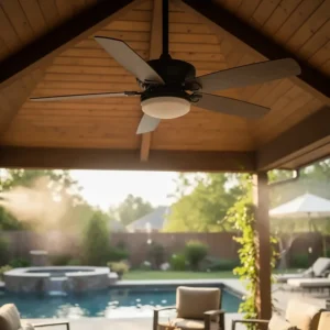 Outdoor-rated three blade ceiling fan installed on a covered patio, designed to withstand damp conditions.