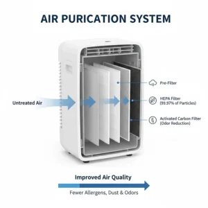 Visual of the multi-stage air filtration system inside a portable air conditioner for better bedroom air quality.