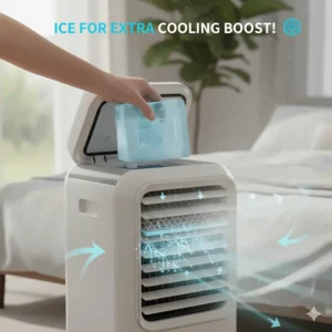 Close-up illustration of adding ice packs to a portable air conditioner without hose for enhanced cooling performance.