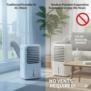 Illustration comparing a standard portable AC with a vent hose to a hoseless unit that requires no window access.