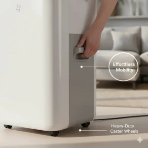 Close-up of heavy-duty caster wheels and side handles on a portable air conditioner for easy room-to-room movement.
