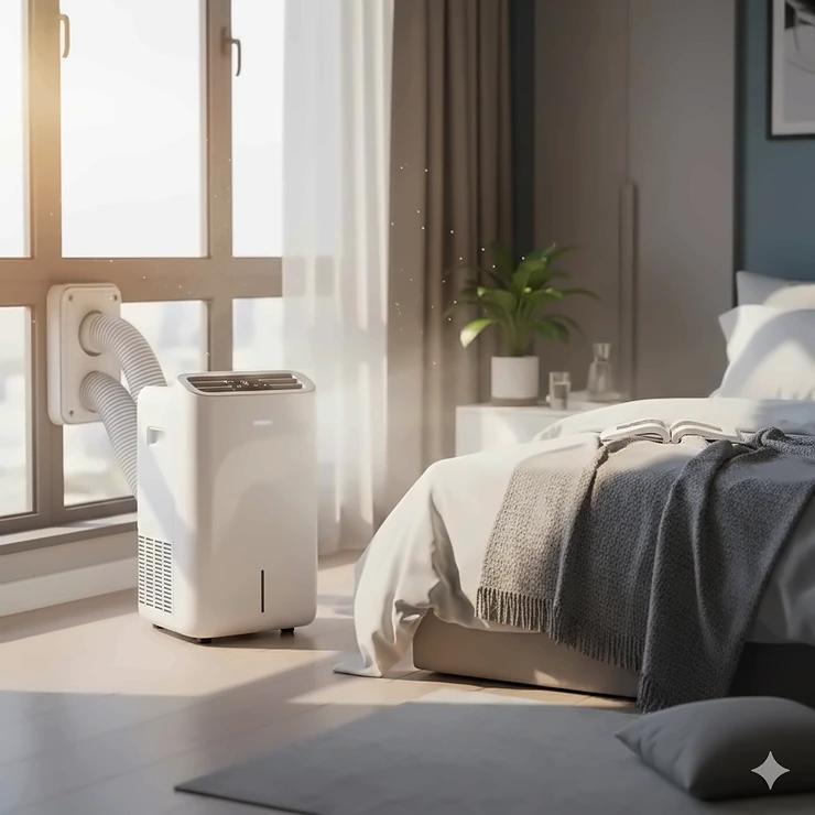 A sleek white portable air conditioner positioned next to a bed in a modern bedroom to provide cooling during summer. portable air conditioner for bedroom
