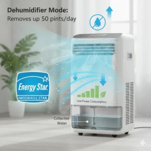 Infographic showing a portable air conditioner removing moisture from the air in a humid environment.